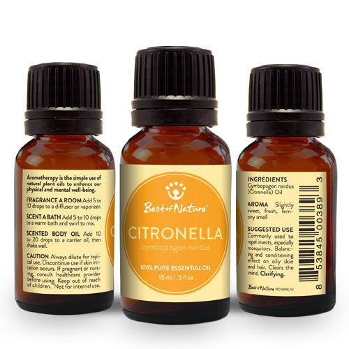 A bottle of 100% pure Citronella Essential Oil with a lemony aroma, ideal for insect repellent and aromatherapy.