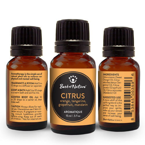 Citrus Aromatique essential oil blend featuring orange, tangerine, grapefruit, and mandarin oils in a stylish bottle.