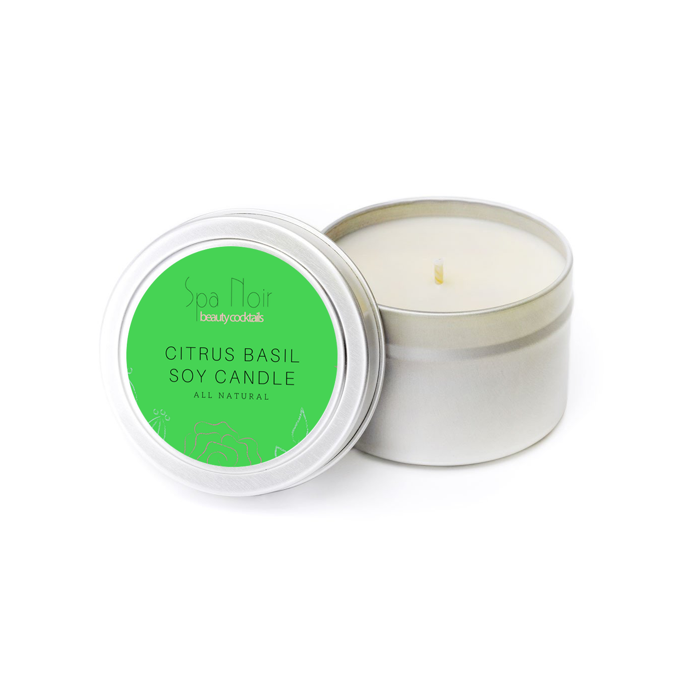 Citrus Basil Aromatherapy Candle in a recyclable aluminum container, showcasing its vibrant orange and green colors, symbolizing freshness and relaxation.