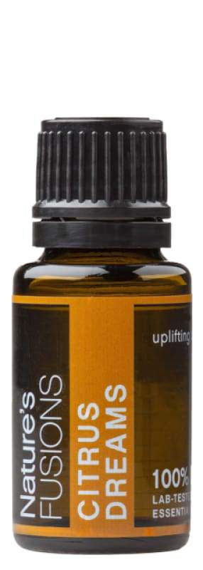 Citrus Dreams Blend Pure Essential Oil 15ml bottle with citrus fruits and vanilla flowers in the background.