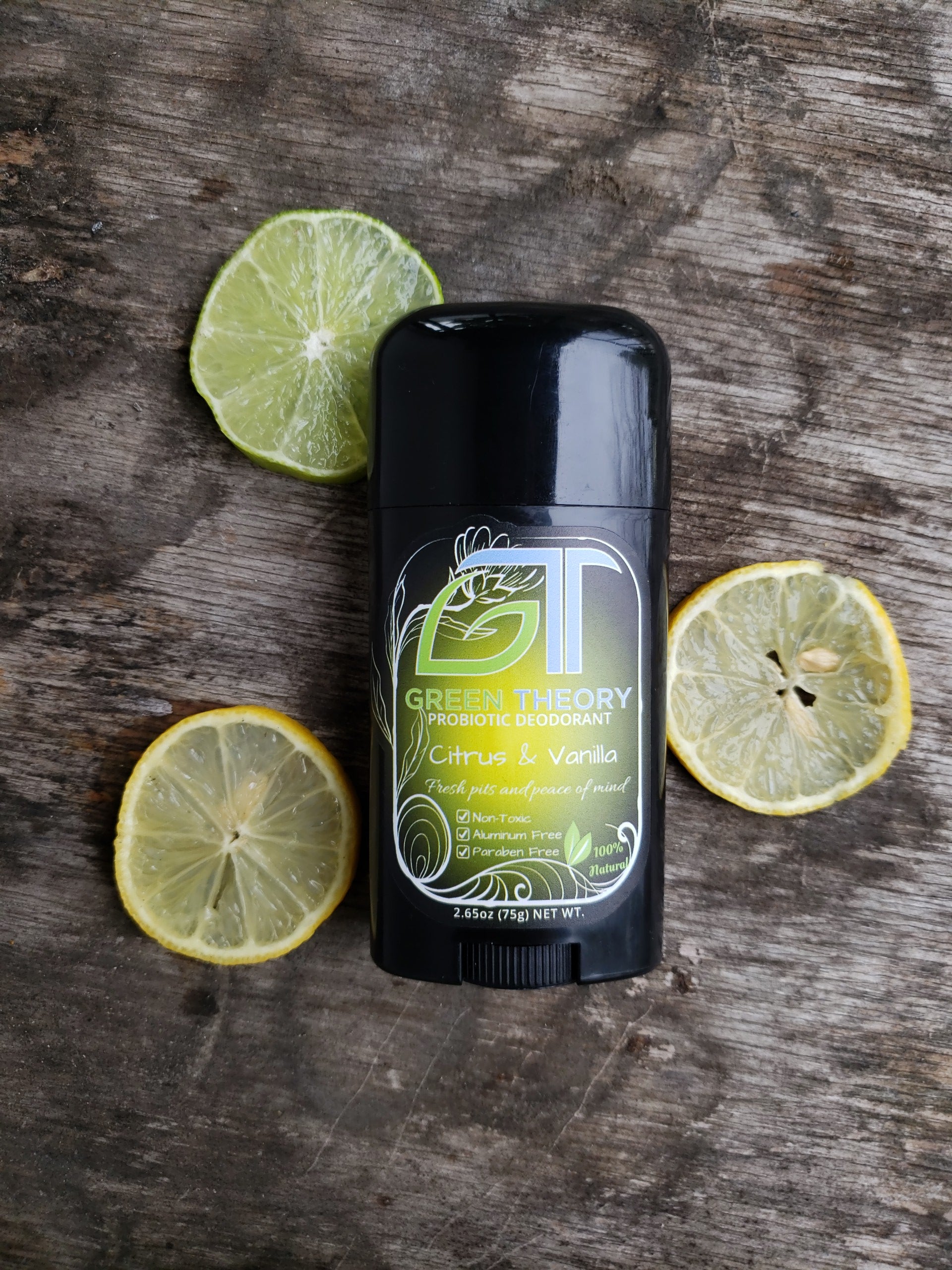 Citrus & Vanilla Probiotic Natural Aluminum Free Deodorant for women, featuring a sleek design and natural ingredients.