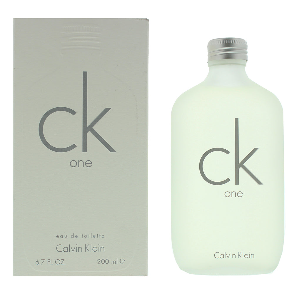 CK One Eau de Toilette by Calvin Klein in a sleek, transparent bottle showcasing its clear liquid, symbolizing freshness and simplicity.