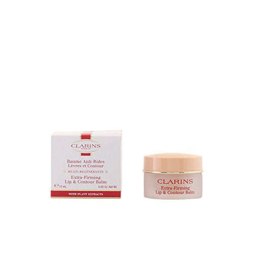 Clarins Extra-Firming Lip & Contour Balm in a sleek container, showcasing its rich texture and luxurious packaging.