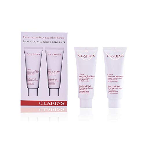 Clarins Gift Set featuring two 100ml Hand & Nail Treatment tubes elegantly packaged for gifting.