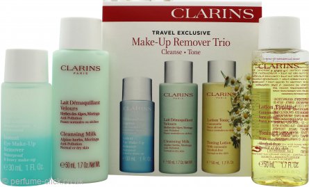 Clarins Make Up Removal Trio featuring three makeup removers in elegant packaging, perfect for gentle cleansing.