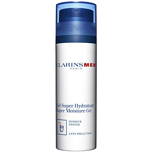 Clarins Men Super Moisture Gel in a sleek container, showcasing its lightweight gel texture, ideal for men's skincare.