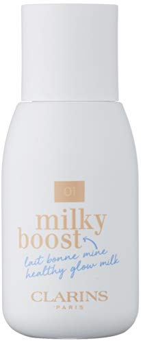 Clarins Milky Boost Healthy Glow Foundation in 01 Milky Cream, showcasing its elegant packaging and creamy texture.