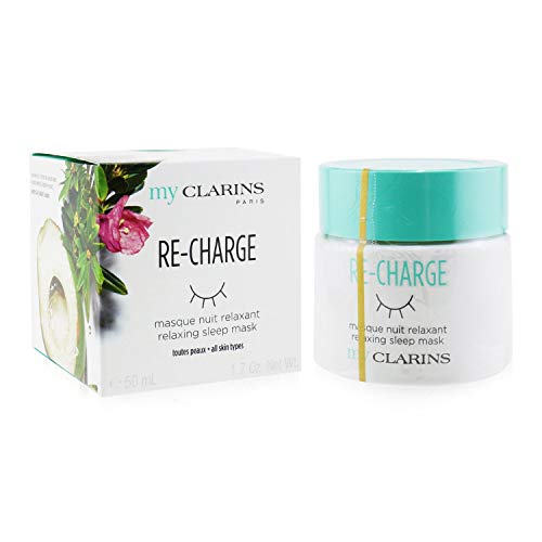 Clarins My Clarins Re-Charge Relaxing Sleep Mask in a sleek jar, showcasing its creamy texture and elegant packaging.