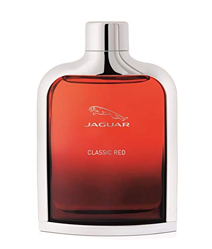 Jaguar Classic Red Eau de Toilette bottle with a sleek design, showcasing a vibrant red color, symbolizing elegance and masculinity.