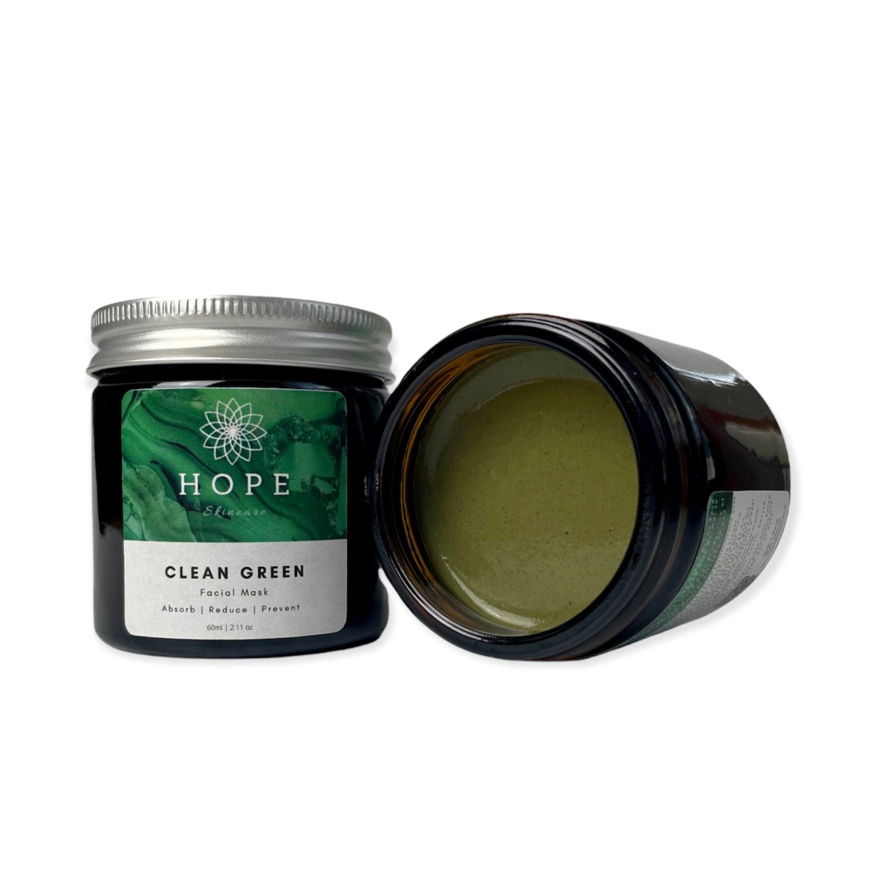 CLEAN GREEN Facial Mask in a jar with organic ingredients like French green clay and Moringa, designed for normal to oily skin.