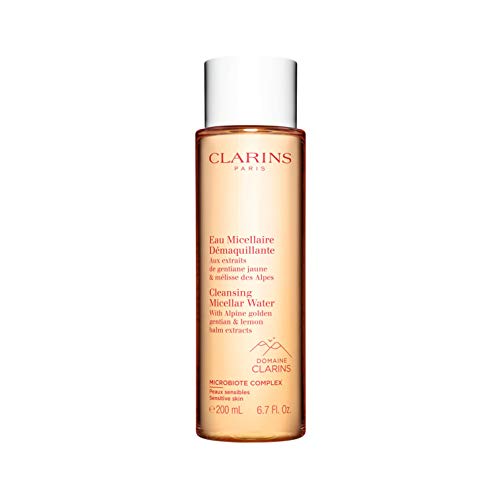 Bottle of Clarins Cleansing Micellar Water with a clean, refreshing design, ideal for gentle makeup removal.