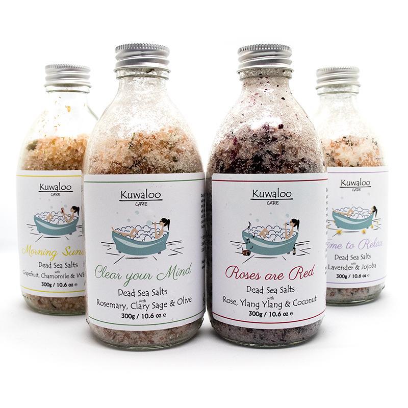 A bottle of 'Clear your Mind' Bath Salts, featuring Dead Sea minerals and essential oils for a relaxing bath experience.