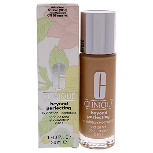 Clinique Beyond Perfecting Foundation + Concealer in shade 18 Sand, showcasing its sleek packaging and rich color.