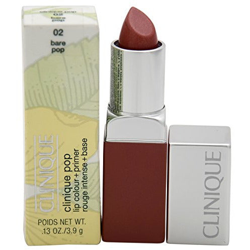 Clinique Pop Lip Colour and Primer in shade 02 Bare Pop, showcasing a creamy nude pink lipstick in a sleek tube.