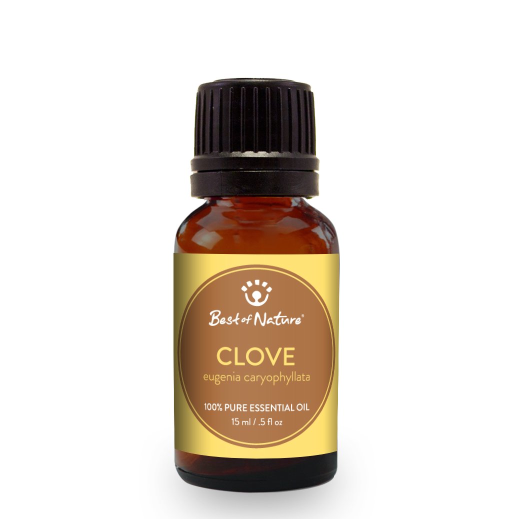 A bottle of 100% pure Clove Bud Essential Oil with a dark amber color, surrounded by whole clove buds and a rustic wooden background.