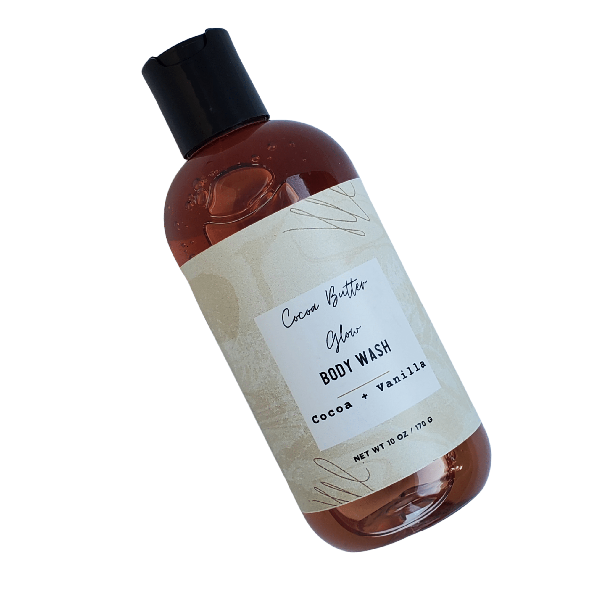 Cocoa Butter Glow Body Wash in an 8 oz bottle with a rich, creamy texture and natural ingredients.