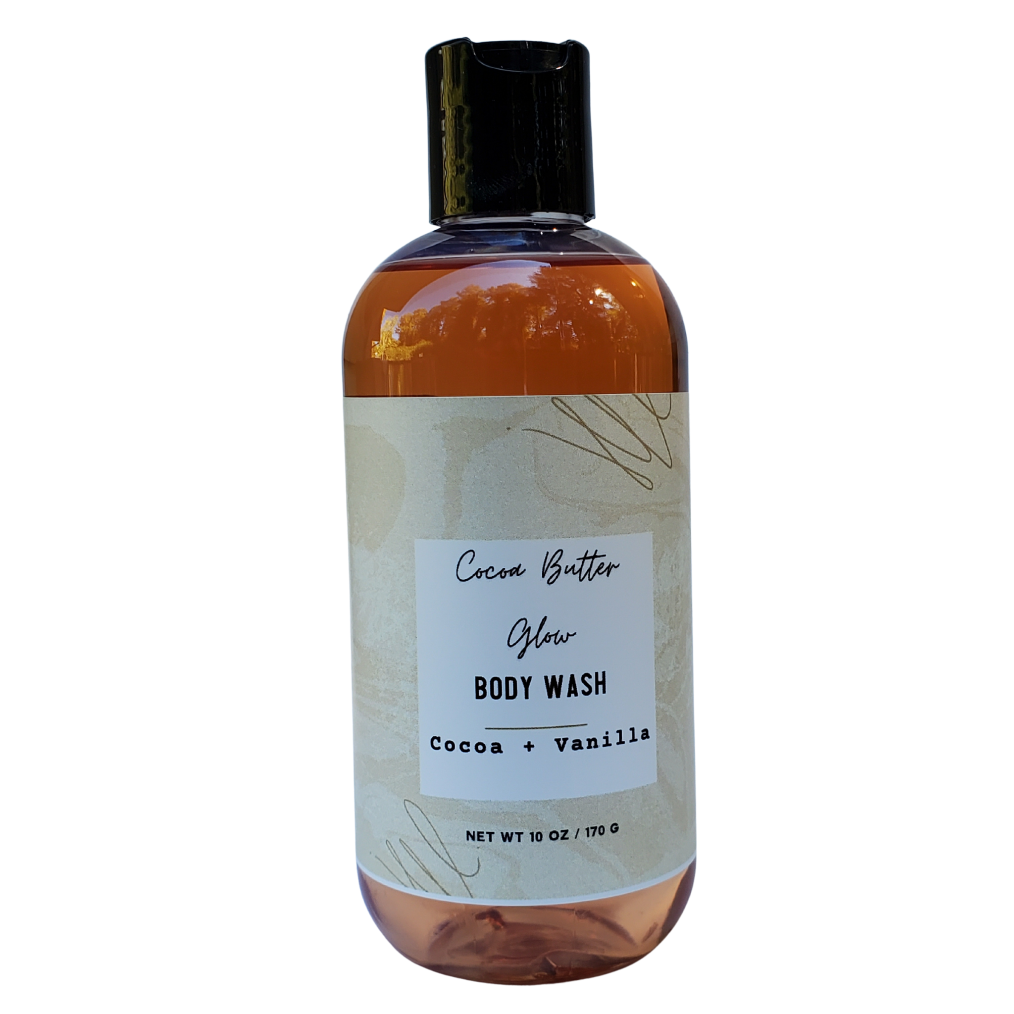 Cocoa Butter Glow Body Wash in an 8 oz bottle with a rich, creamy texture and natural ingredients.