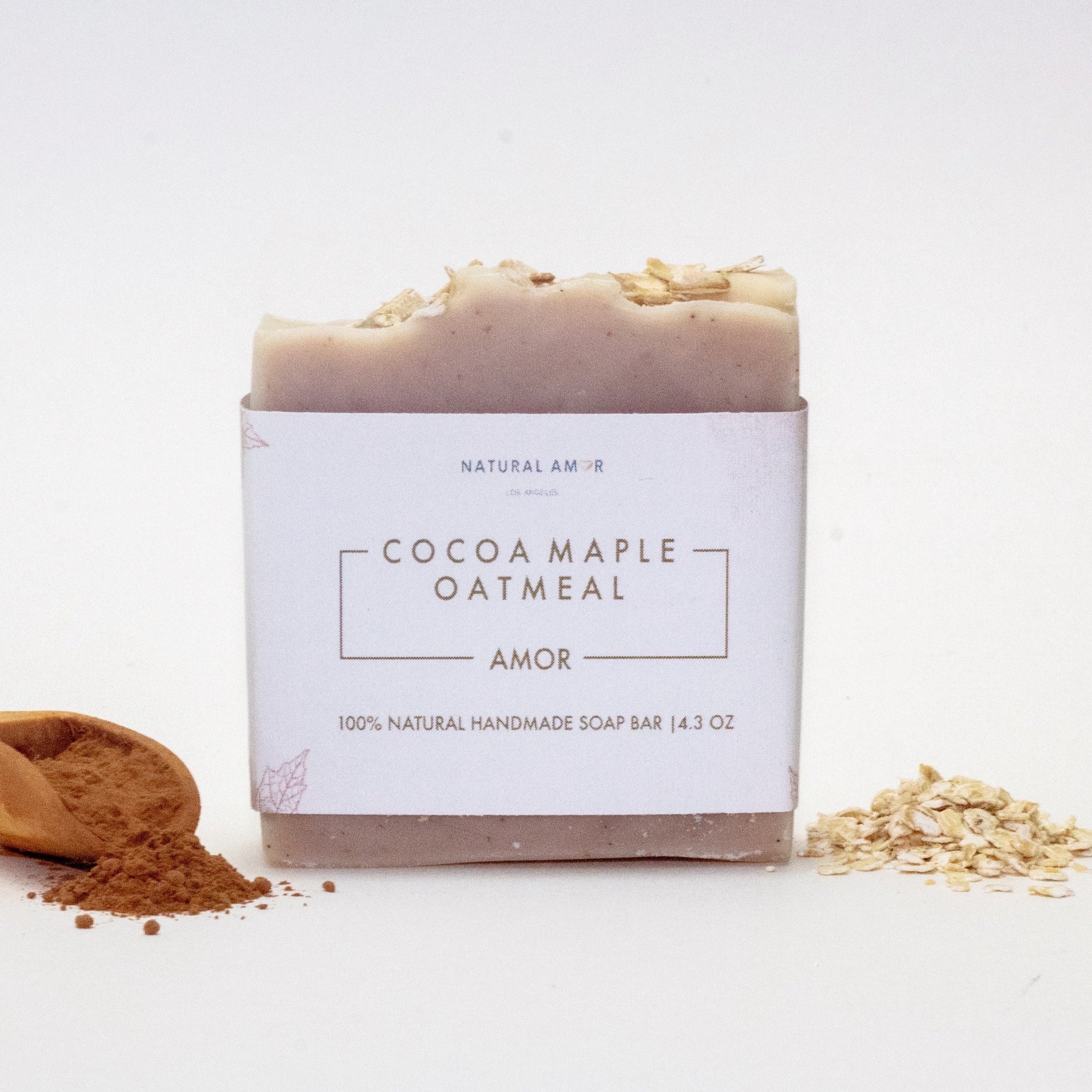 Cocoa Maple Oatmeal Soap Bar, a gentle unscented soap made with organic ingredients, featuring a rich brown color and oatmeal texture.