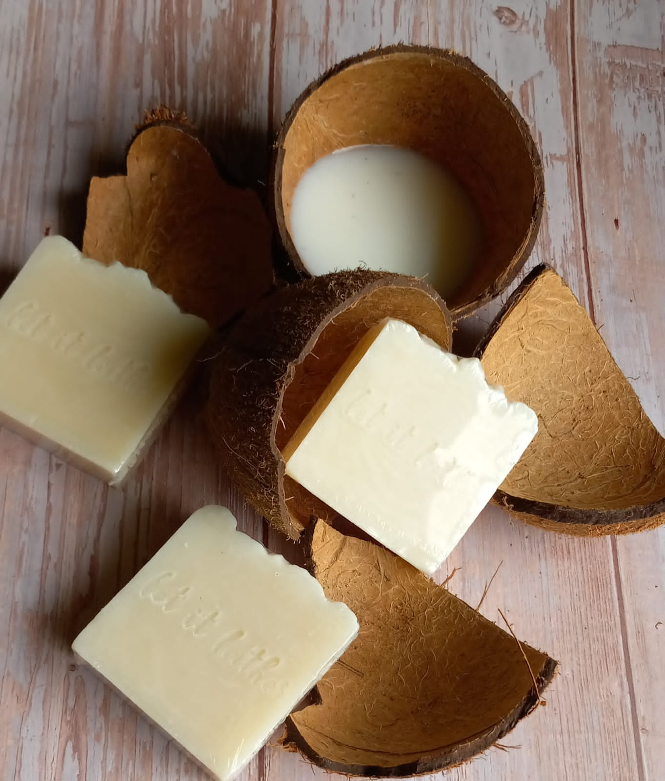 A bar of Coconut Milk Bath Soap with a creamy texture, showcasing its natural ingredients and coconut milk infusion.