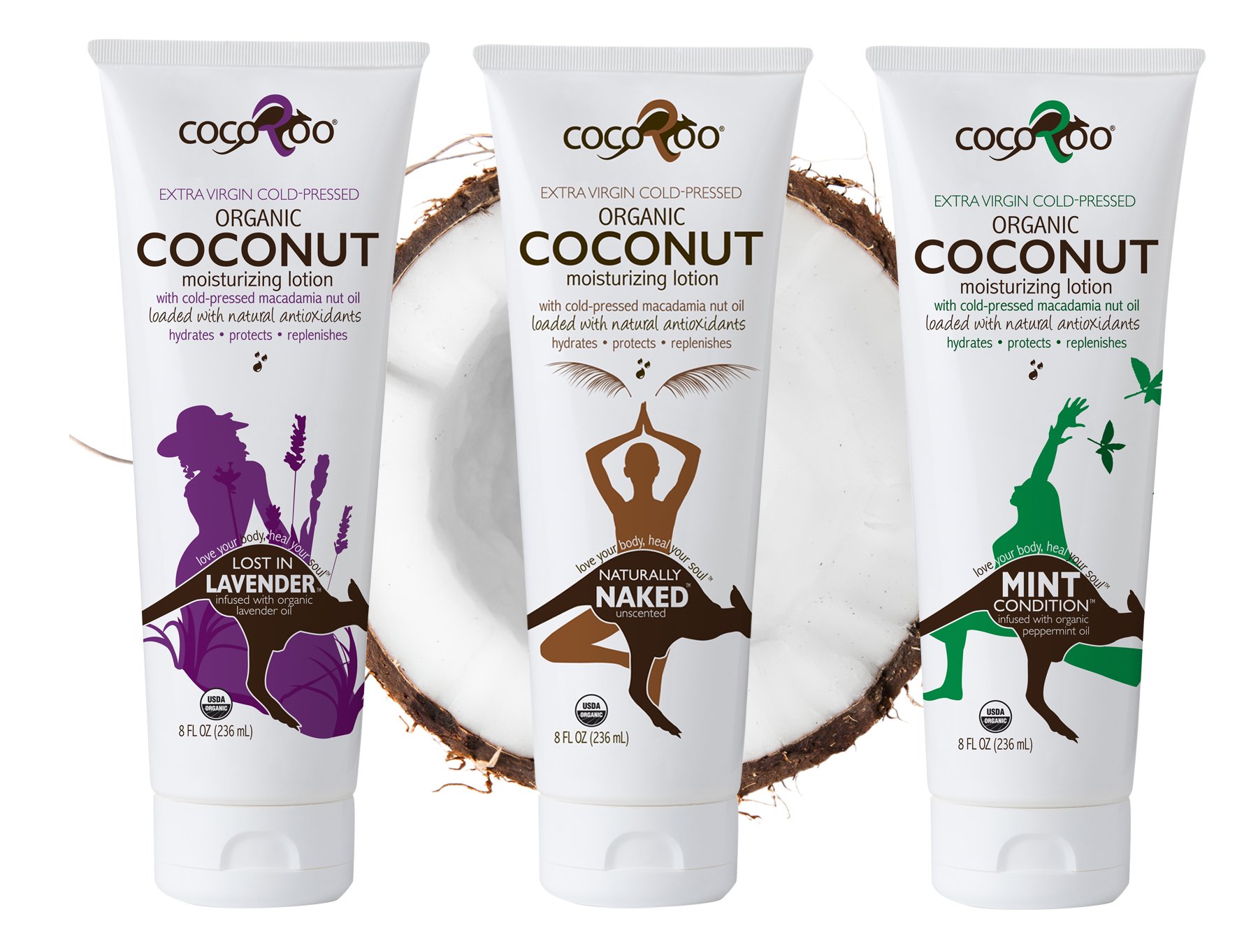 CocoRoo® Coconut Care 3-Pack featuring Original, Lavender, and Peppermint coconut oil moisturizers in 8 oz tubes.