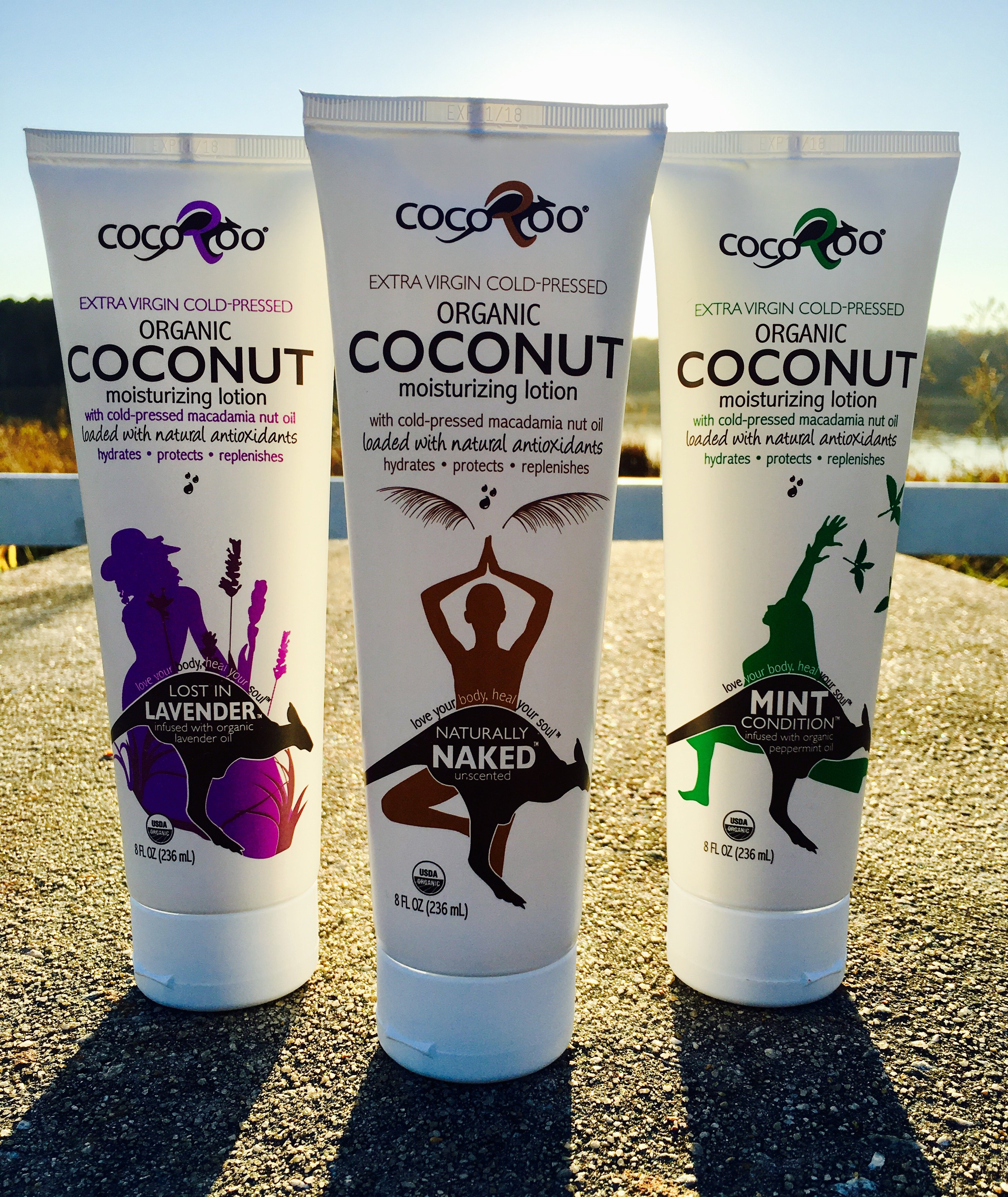 CocoRoo® Coconut Care 3-Pack featuring Original, Lavender, and Peppermint coconut oil moisturizers in 8 oz tubes.