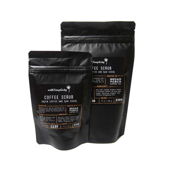 A 4 oz bag of Coffee & Sugar Body Scrub featuring green coffee and raw sugar for skin exfoliation.