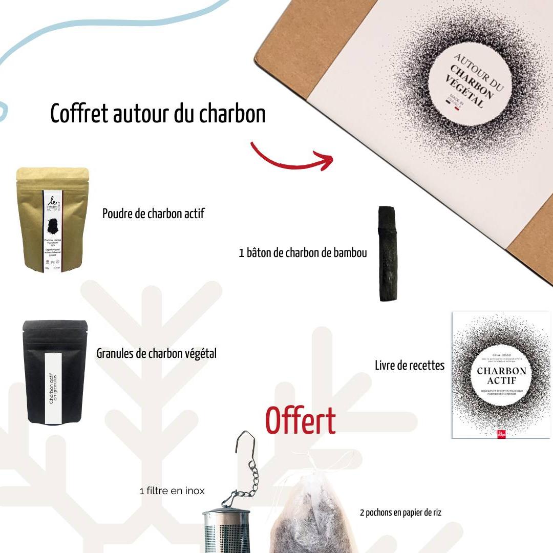 Coffret contenant divers produits à base de charbon végétal, idéal pour détoxification et purification.