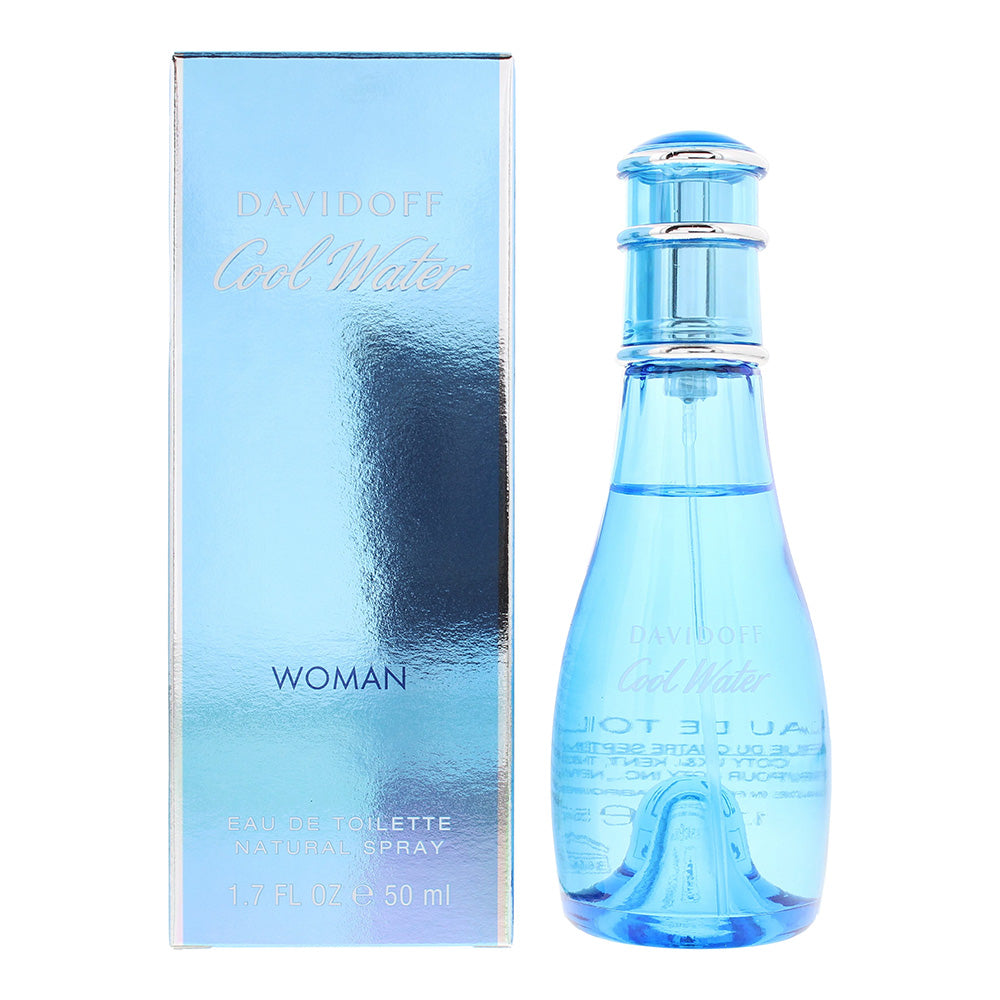 Cool Water Woman Eau de Toilette by Davidoff, a floral perfume in an elegant bottle, showcasing its refreshing and feminine essence.