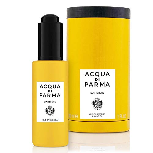 Bottle of Acqua di Parma Collezione Barbiere Shaving Oil with elegant design, showcasing its luxurious branding.