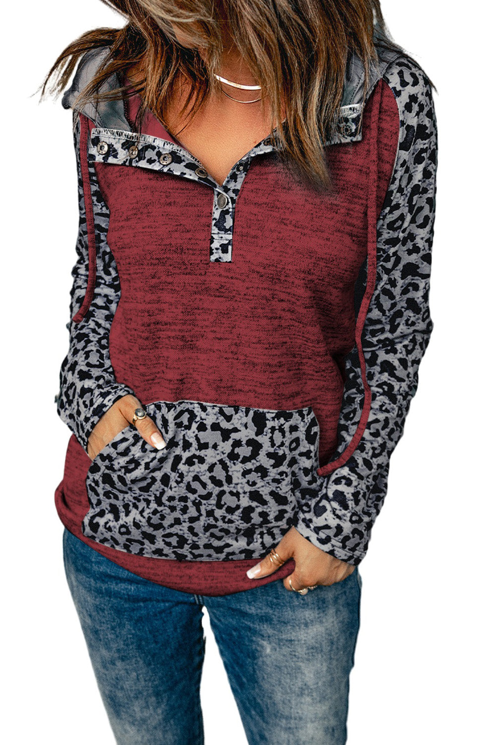 Color Block Leopard Long Sleeves Wine Hoodie featuring a chic design with leopard print and color block style, perfect for casual wear.