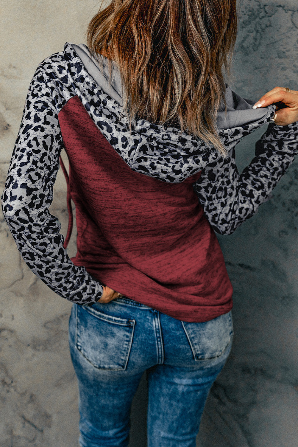 Color Block Leopard Long Sleeves Wine Hoodie featuring a chic design with leopard print and color block style, perfect for casual wear.