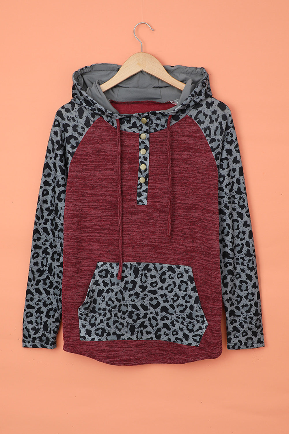 Color Block Leopard Long Sleeves Wine Hoodie featuring a chic design with leopard print and color block style, perfect for casual wear.