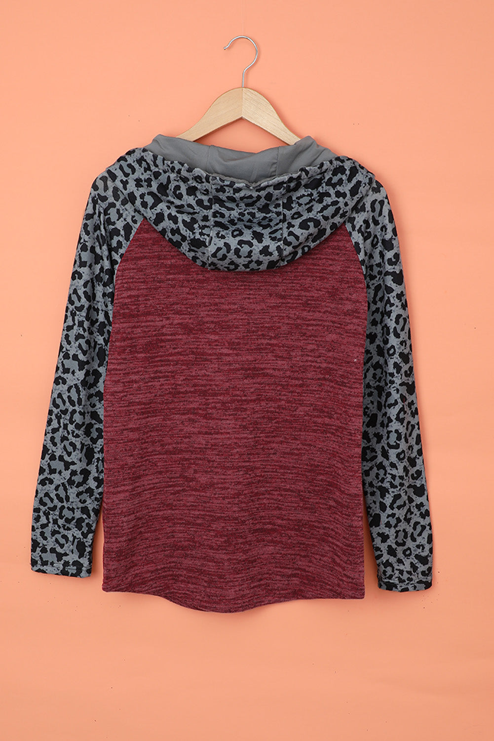 Color Block Leopard Long Sleeves Wine Hoodie featuring a chic design with leopard print and color block style, perfect for casual wear.