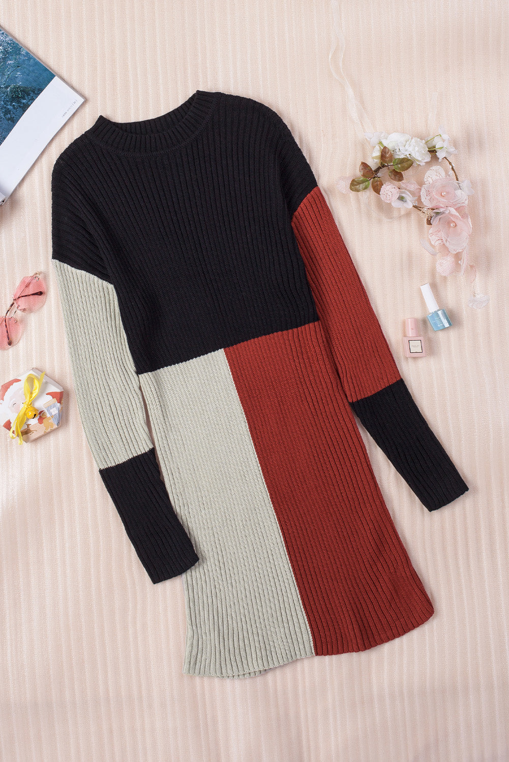 A stylish Colorblock Knit Sweater Dress featuring a high neckline, long sleeves, and a vibrant colorblock pattern, perfect for any occasion.