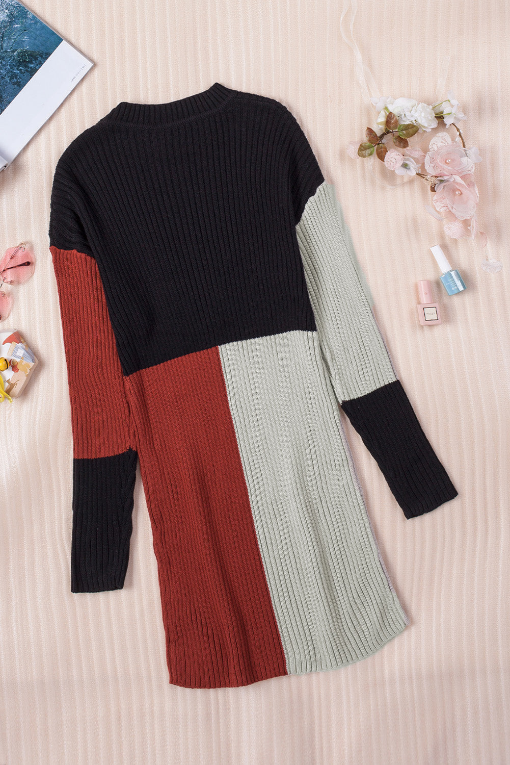 A stylish Colorblock Knit Sweater Dress featuring a high neckline, long sleeves, and a vibrant colorblock pattern, perfect for any occasion.