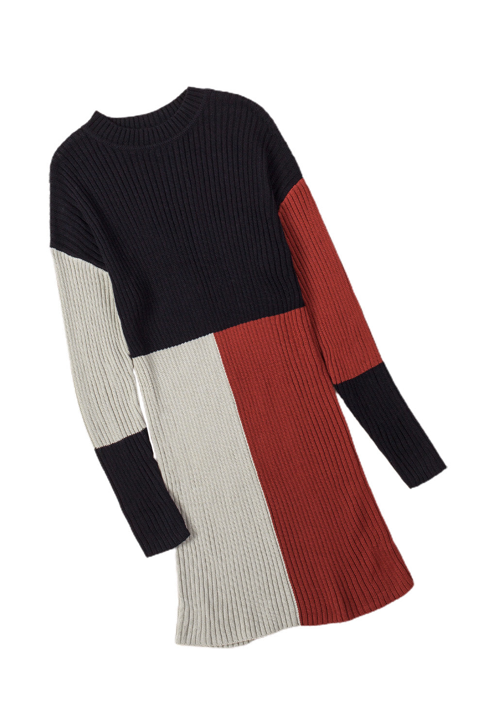 A stylish Colorblock Knit Sweater Dress featuring a high neckline, long sleeves, and a vibrant colorblock pattern, perfect for any occasion.