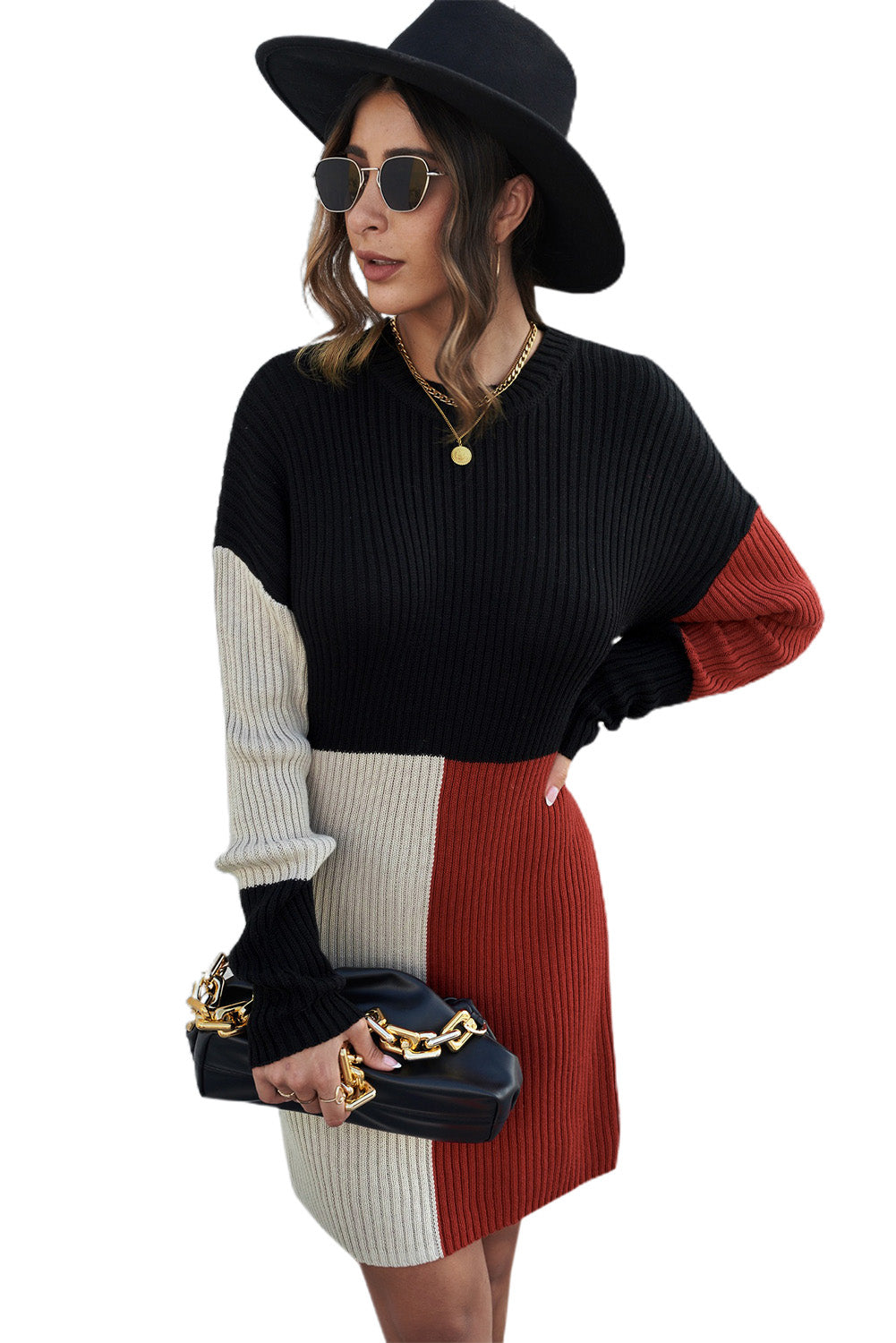 A stylish Colorblock Knit Sweater Dress featuring a high neckline, long sleeves, and a vibrant colorblock pattern, perfect for any occasion.