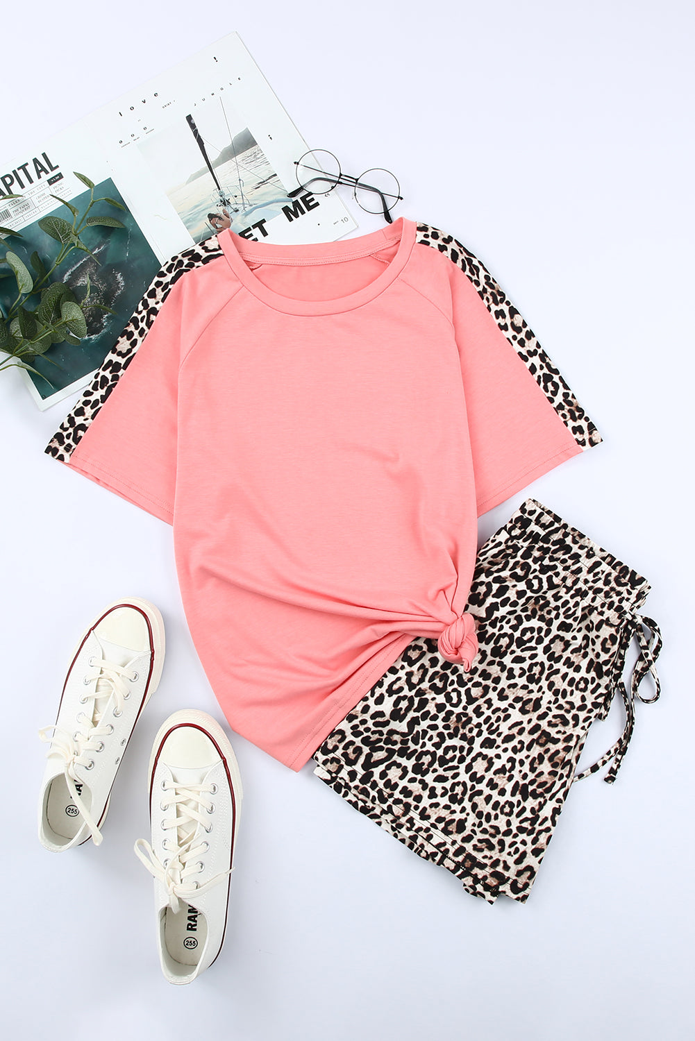 Colorblock Leopard Short Sleeve and Shorts Loungewear set featuring a loose tee with leopard print sleeves and drawstring waist shorts.