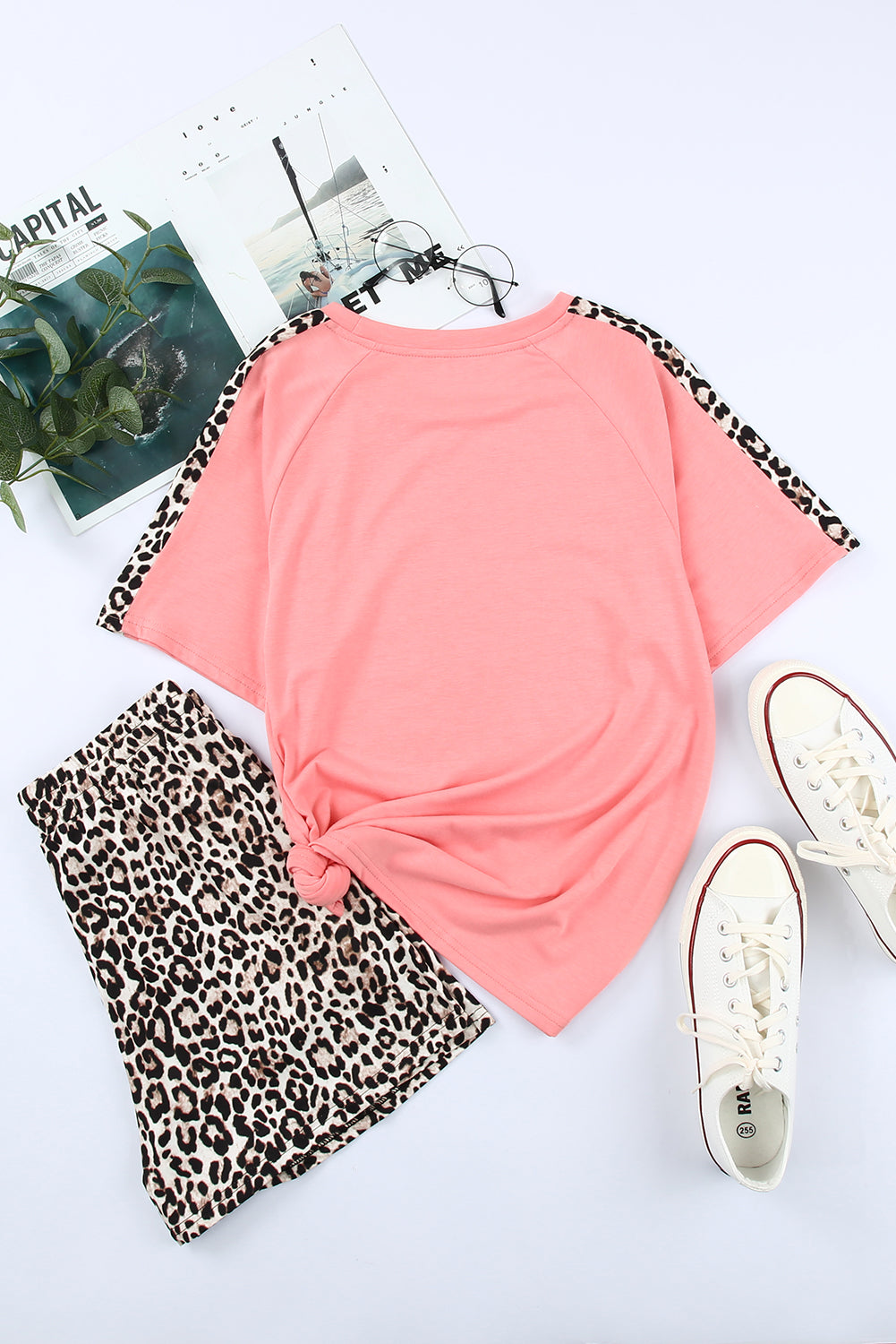 Colorblock Leopard Short Sleeve and Shorts Loungewear set featuring a loose tee with leopard print sleeves and drawstring waist shorts.