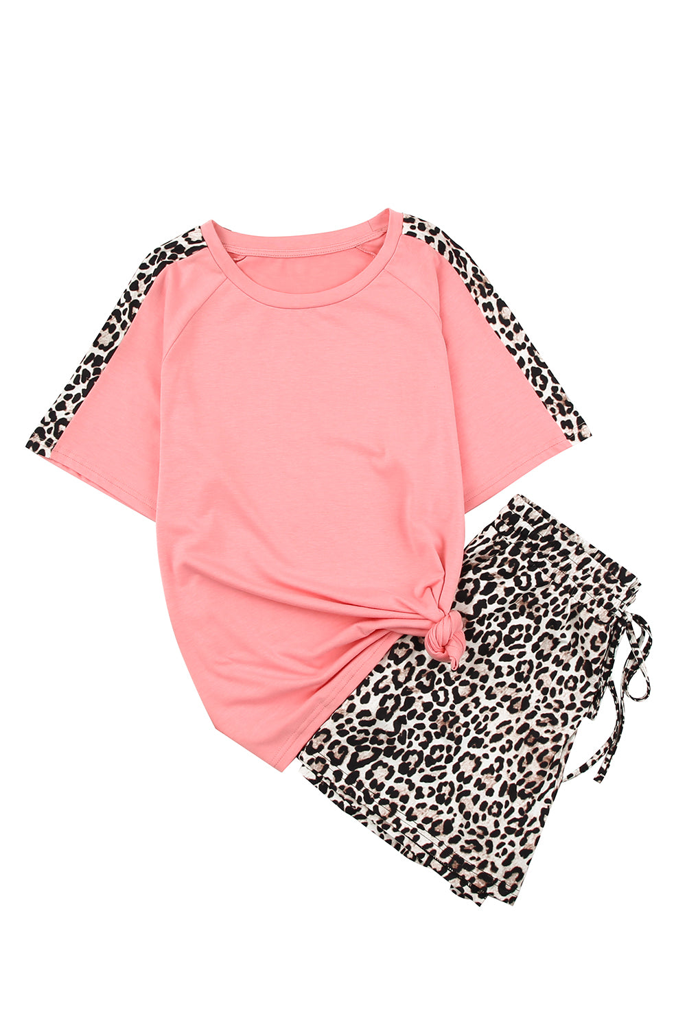 Colorblock Leopard Short Sleeve and Shorts Loungewear set featuring a loose tee with leopard print sleeves and drawstring waist shorts.