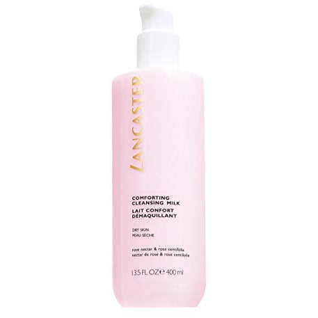 Lancaster Comforting Cleansing Milk bottle with a creamy texture, designed for gentle cleansing and hydration.