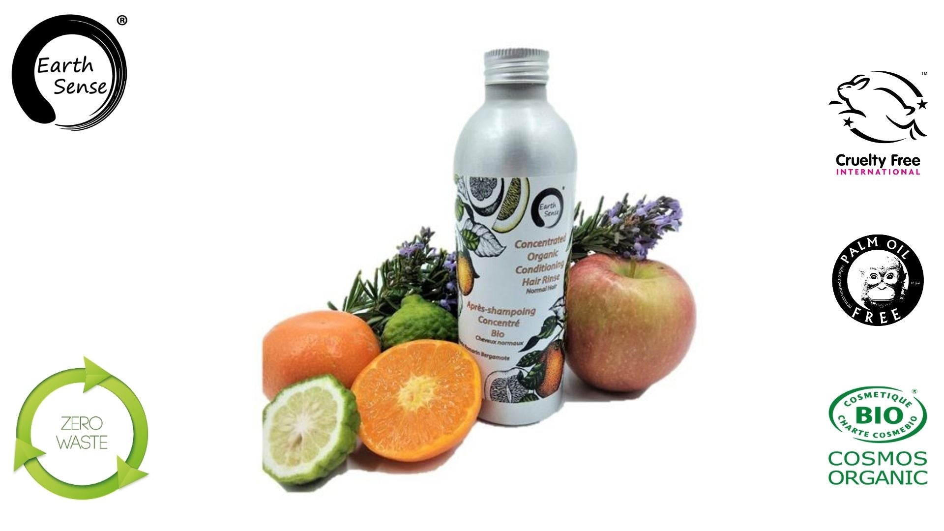 A bottle of Concentrated Organic Conditioning Hair Rinse for Normal Hair, featuring essential oils and organic ingredients.