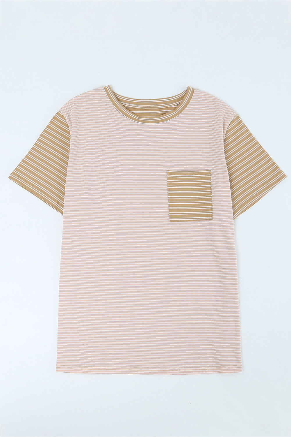 A stylish Contrast Striped Patchwork Tee featuring a round neckline, short sleeves, and a chest pocket, showcasing a vibrant color combination.