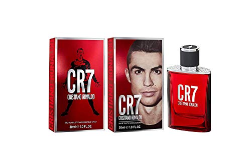 CR7 Eau de Toilette bottle featuring sleek design and Cristiano Ronaldo branding.