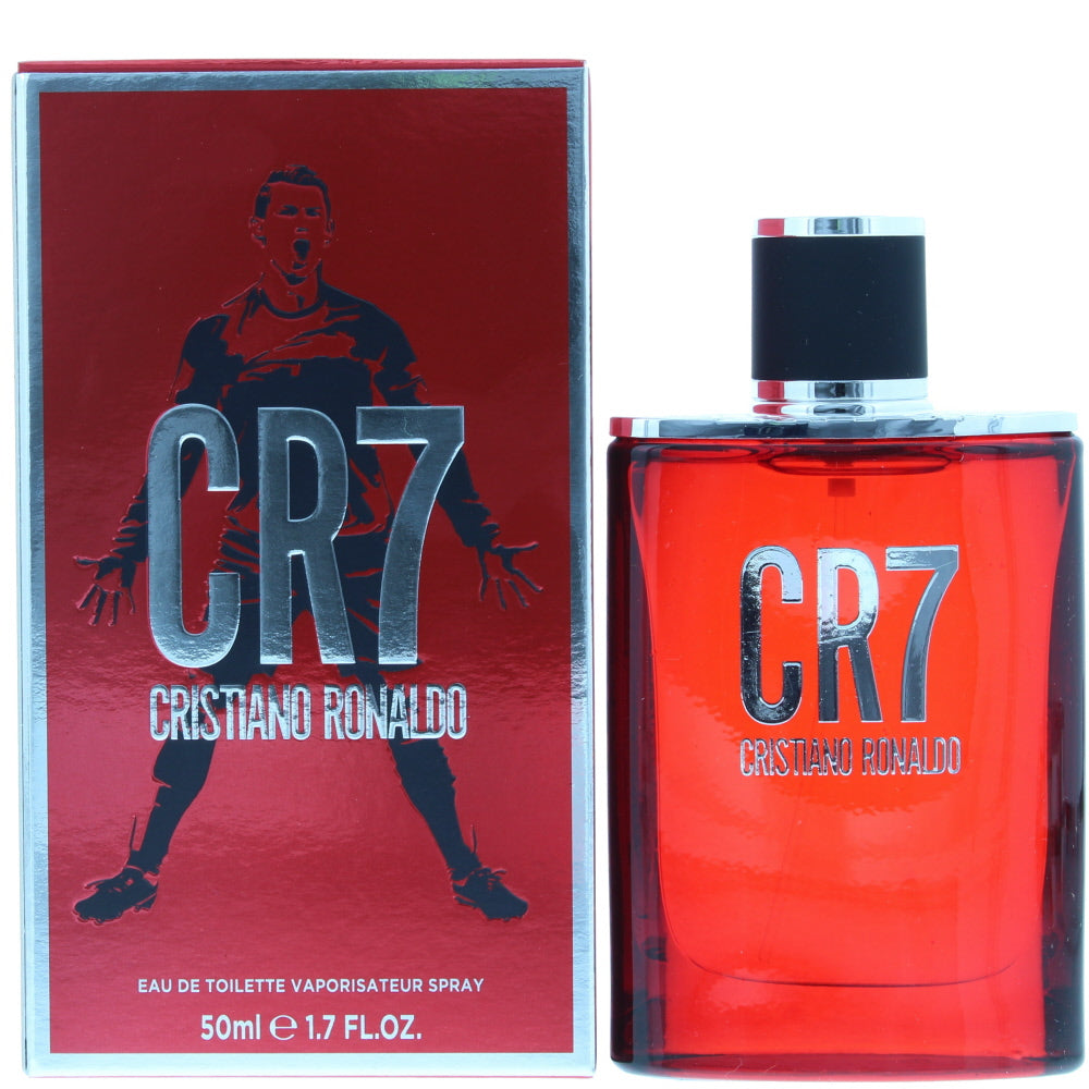 CR7 Eau de Toilette bottle featuring sleek design and Cristiano Ronaldo branding.