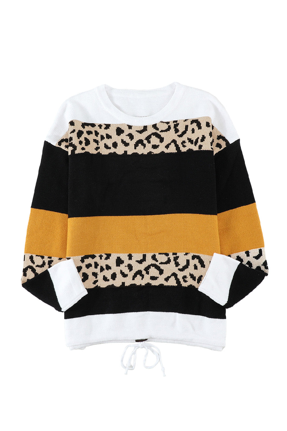 A stylish Crewneck Leopard Color Block Knit Pullover Sweater featuring a chic color block design and leopard pattern splicing, perfect for casual wear.