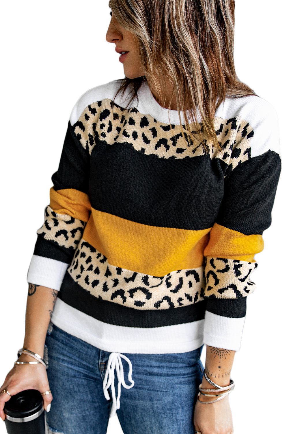 A stylish Crewneck Leopard Color Block Knit Pullover Sweater featuring a chic color block design and leopard pattern splicing, perfect for casual wear.