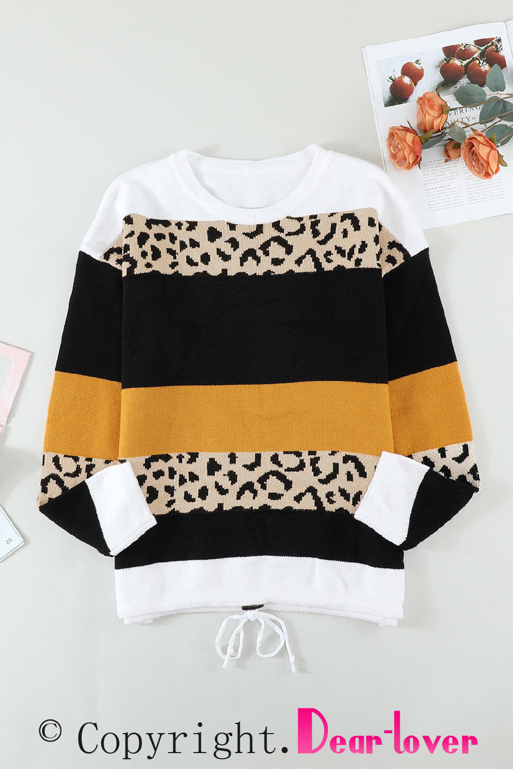 A stylish Crewneck Leopard Color Block Knit Pullover Sweater featuring a chic color block design and leopard pattern splicing, perfect for casual wear.