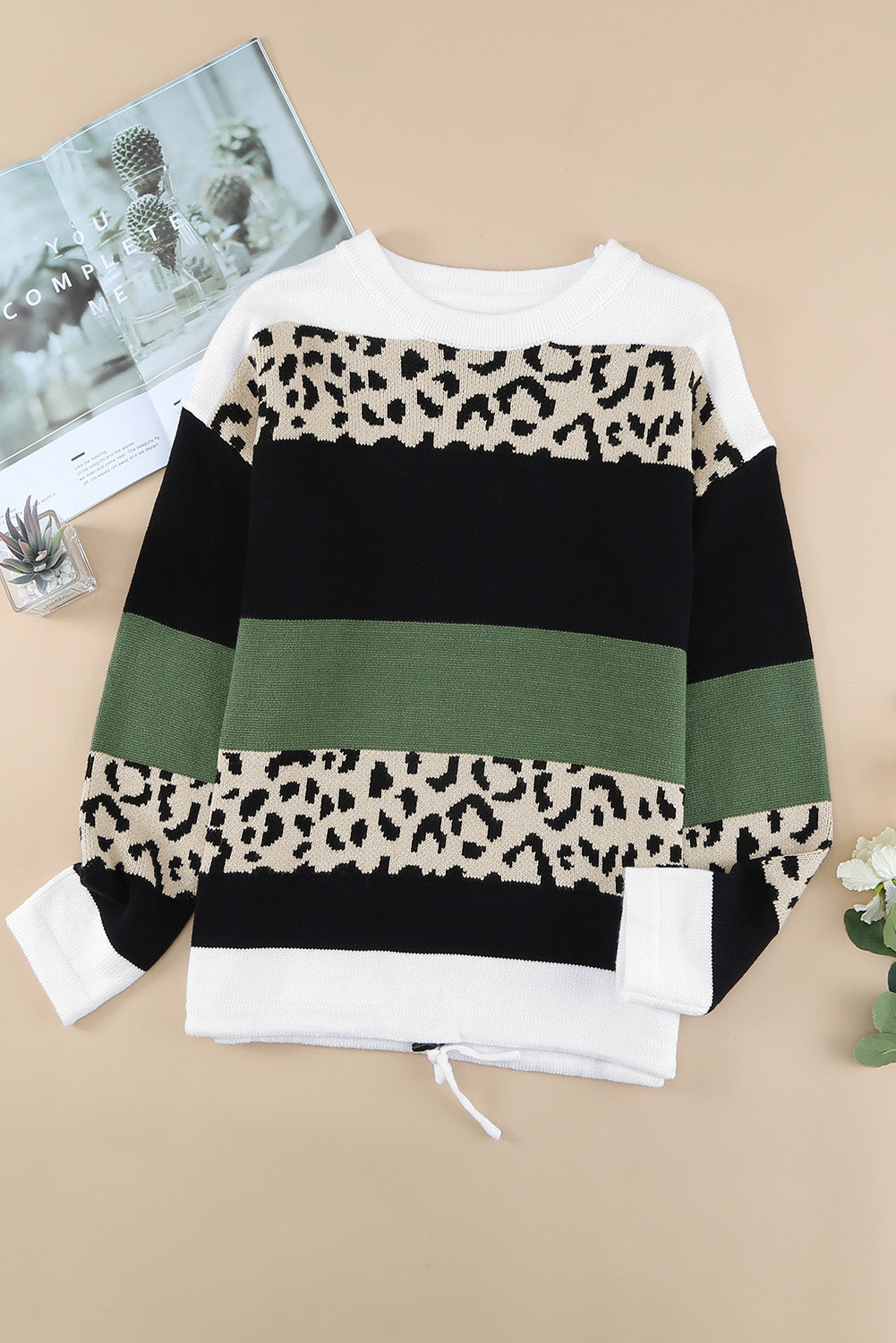 A stylish Crewneck Leopard Color Block Knit Pullover Sweater featuring a chic color block design and leopard pattern splicing, perfect for casual wear.