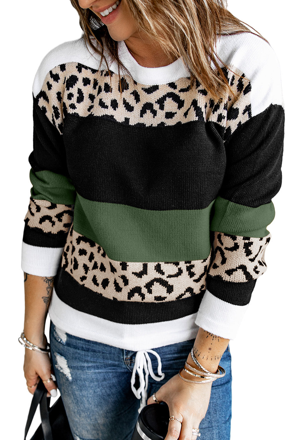 A stylish Crewneck Leopard Color Block Knit Pullover Sweater featuring a chic color block design and leopard pattern splicing, perfect for casual wear.